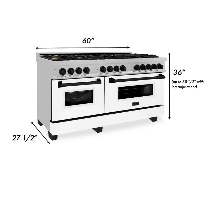 ZLINE Autograph Edition 60 in. 7.4 cu. ft. Dual Fuel Range with Gas Stove and Electric Oven in DuraSnow Stainless Steel with White Matte Door and Matte Black Accents (RASZ-WM-60-MB)