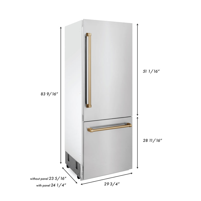 ZLINE 30 in. Autograph Edition 16.1 cu. ft. Built-in 2-Door Bottom Freezer Refrigerator with Internal Water and Ice Dispenser in Stainless Steel with Champagne Bronze Accents (RBIVZ-304-30-CB)