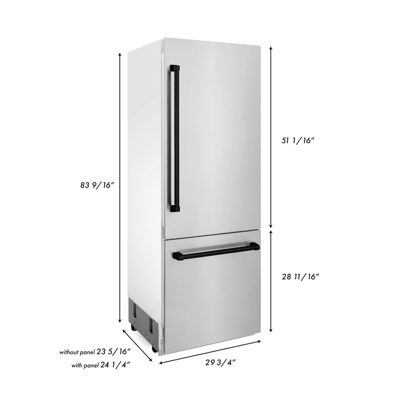 ZLINE 30” Autograph Edition 16.1 cu. ft. Built-in 2-Door Bottom Freezer Refrigerator with Internal Water and Ice Dispenser in Stainless Steel with Matte Black Accents (RBIVZ-304-30-MB)