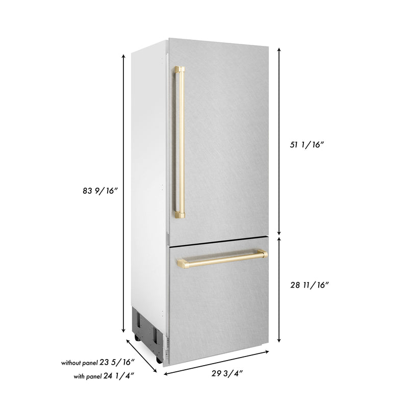 ZLINE 30 in. Autograph Edition 16.1 cu. ft. Built-in 2-Door Bottom Freezer Refrigerator with Internal Water and Ice Dispenser in Fingerprint Resistant Stainless Steel with Polished Gold Accents (RBIVZ-SN-30-G)