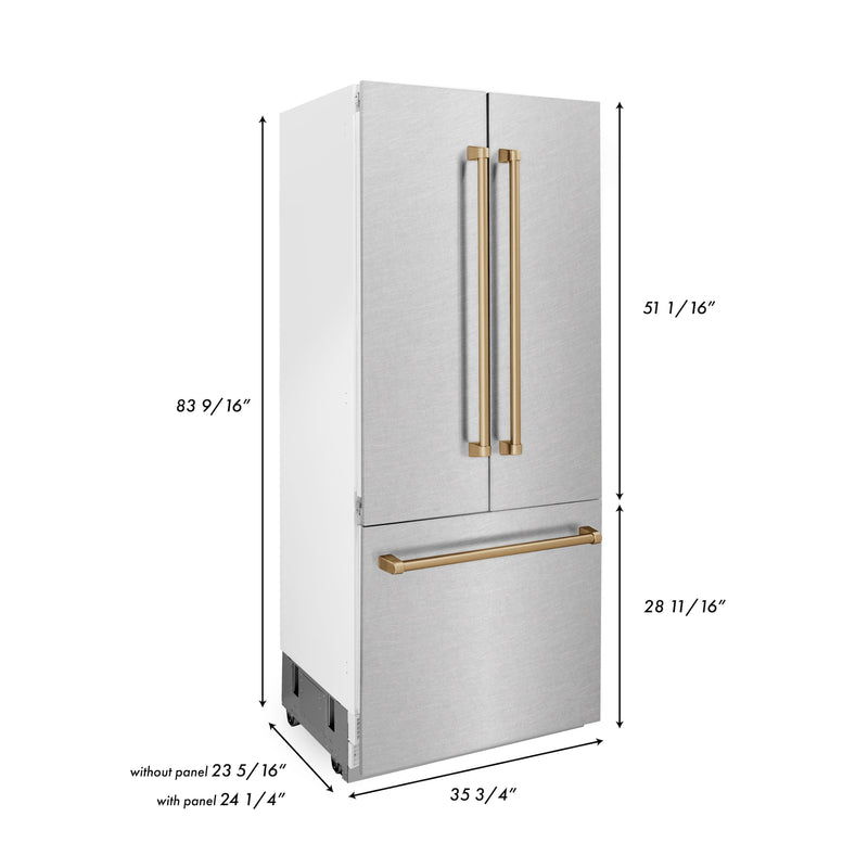 ZLINE 36 in. Autograph Edition 19.6 cu. ft. Built-in 2-Door Bottom Freezer Refrigerator with Internal Water and Ice Dispenser in Fingerprint Resistant Stainless Steel with Champagne Bronze Accents (RBIVZ-SN-36-CB)