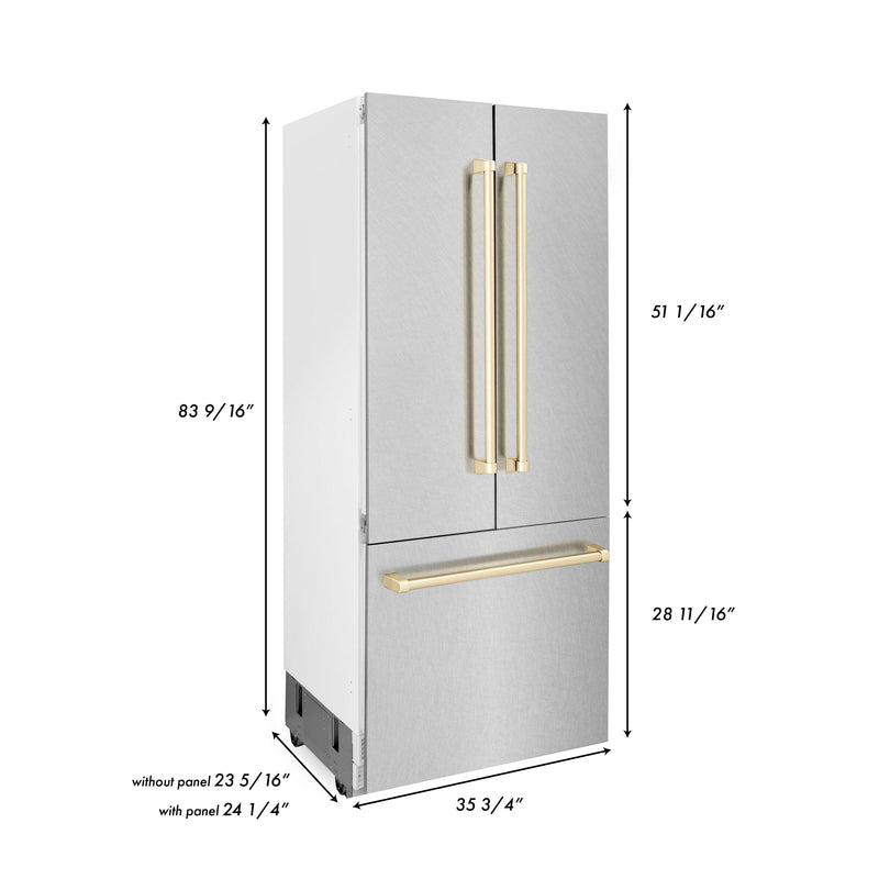 ZLINE 36 in. Autograph Edition 19.6 cu. ft. Built-in 2-Door Bottom Freezer Refrigerator with Internal Water and Ice Dispenser in Fingerprint Resistant Stainless Steel with Polished Gold Accents (RBIVZ-SN-36-G)