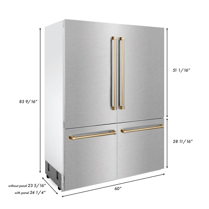 ZLINE 60 in. Autograph Edition 32.2 cu. ft. Built-in 4-Door French Door Refrigerator with Internal Water and Ice Dispenser in Fingerprint Resistant Stainless Steel with Polished Gold Accents (RBIVZ-SN-60-G)