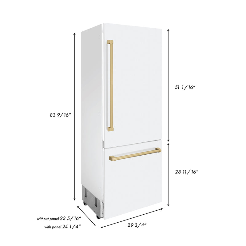 ZLINE 30 in. Autograph Edition 16.1 cu. ft. Built-in 2-Door Bottom Freezer Refrigerator with Internal Water and Ice Dispenser in White Matte with Champagne Bronze Accents (RBIVZ-WM-30-CB)