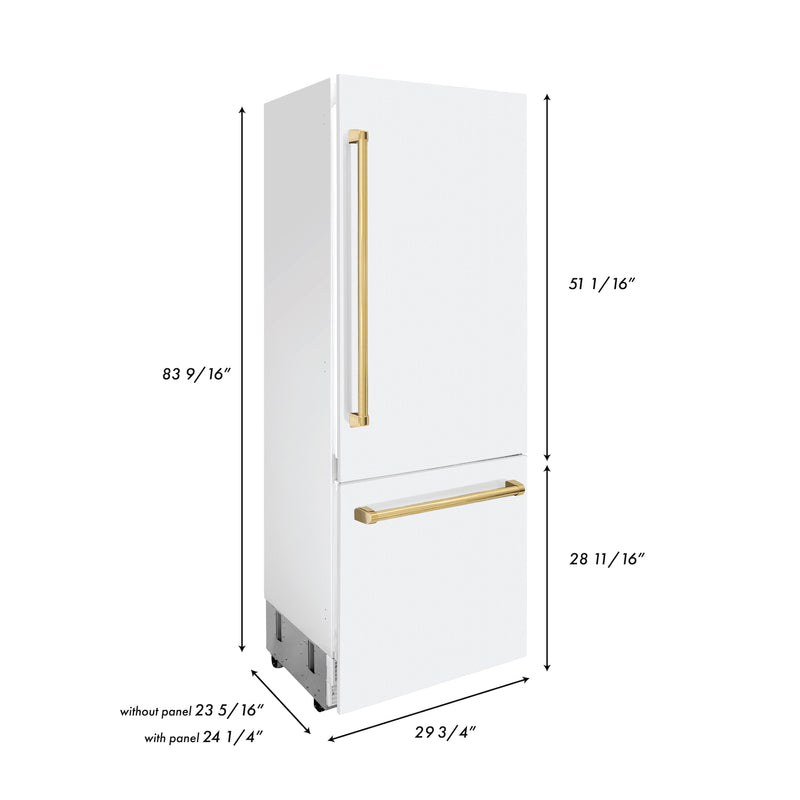 ZLINE 30 in. Autograph Edition 16.1 cu. ft. Built-in 2-Door Bottom Freezer Refrigerator with Internal Water and Ice Dispenser in White Matte with Polished Gold Accents (RBIVZ-WM-30-G)