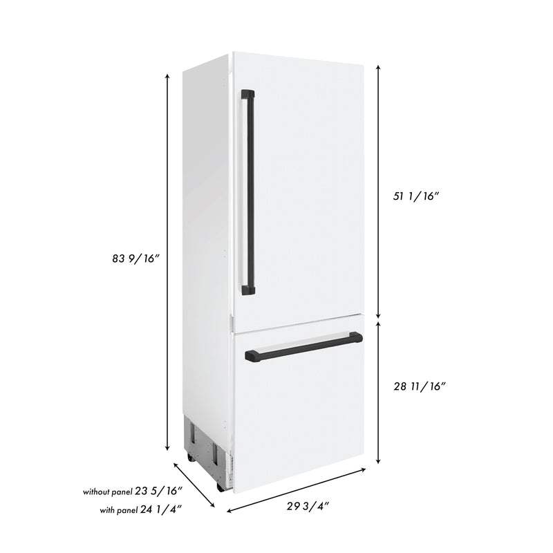 ZLINE 30 in. Autograph Edition 16.1 cu. ft. Built-in 2-Door Bottom Freezer Refrigerator with Internal Water and Ice Dispenser in White Matte with Matte Black Accents (RBIVZ-WM-30-MB)