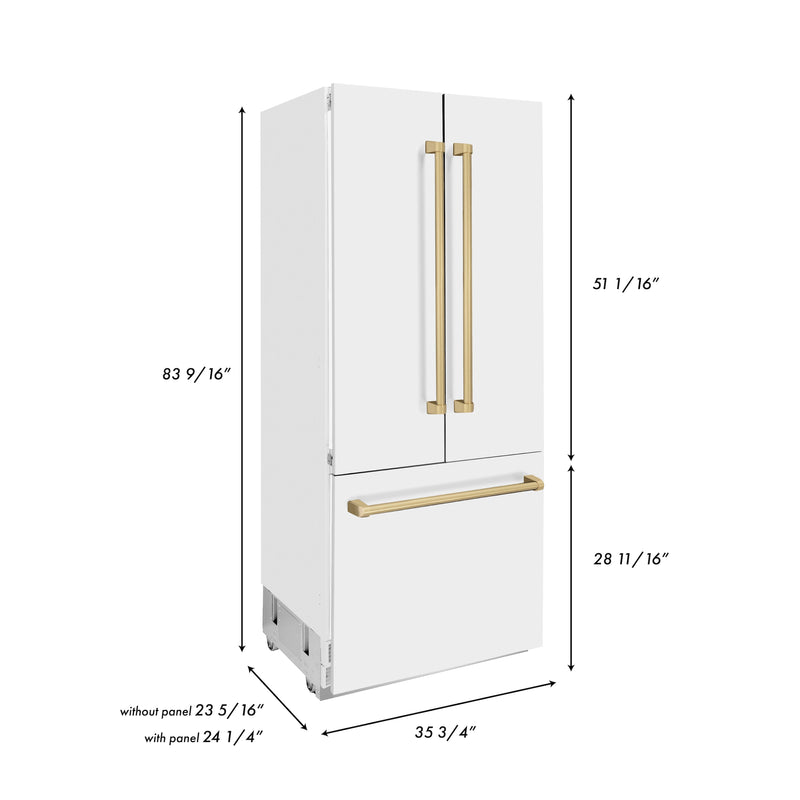 ZLINE 36 in. Autograph Edition 19.6 cu. ft. Built-in 2-Door Bottom Freezer Refrigerator with Internal Water and Ice Dispenser in White Matte with Champagne Bronze Accents (RBIVZ-WM-36-CB)