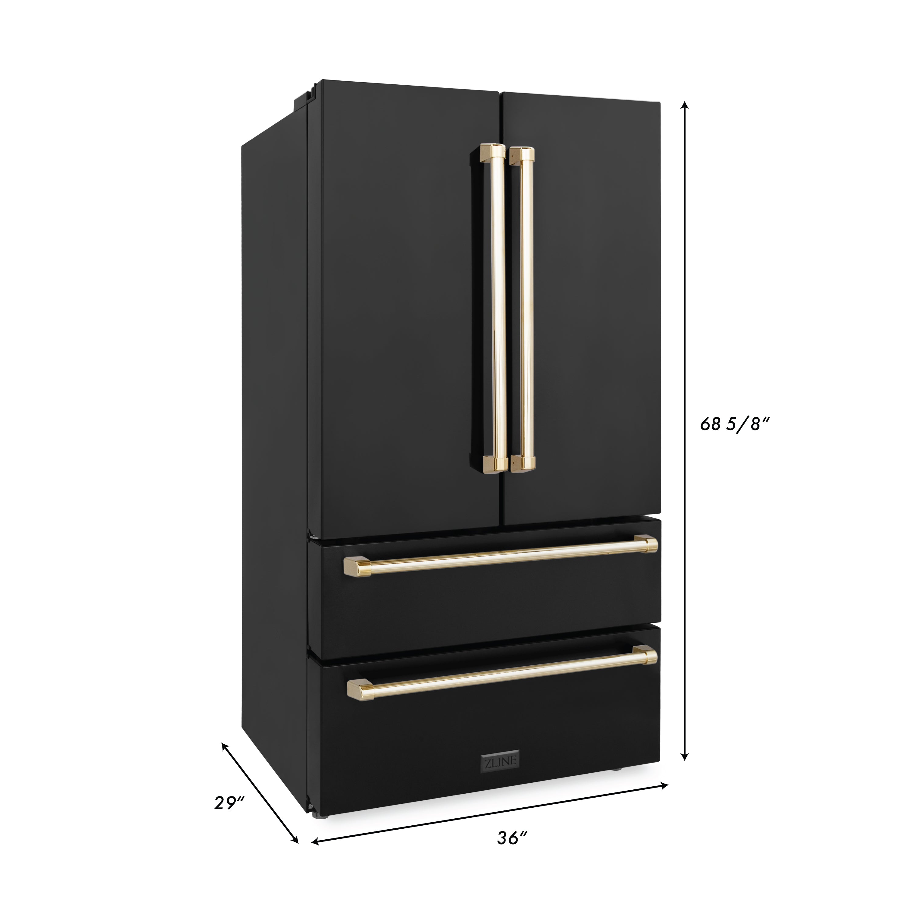 ZLINE 36 in. Autograph Edition 22.5 cu. ft Freestanding French Door Refrigerator with Ice Maker in Fingerprint Resistant Black Stainless Steel with Polished Gold Accents (RFMZ-36-BS-G)