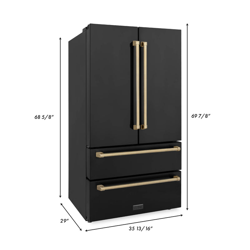 ZLINE 36 in. Autograph Edition 22.5 cu. ft Freestanding French Door Refrigerator with Ice Maker in Fingerprint Resistant Black Stainless Steel with Champagne Bronze Accents (RFMZ-36-BS-CB)