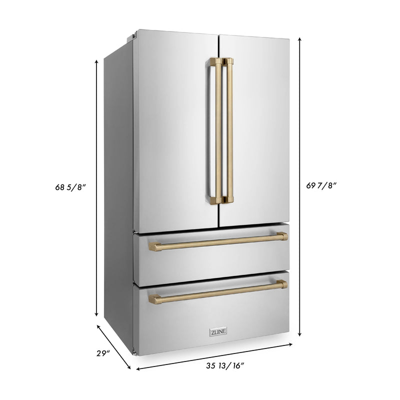 ZLINE 36 in. Autograph Edition 22.5 cu. ft Freestanding French Door Refrigerator with Ice Maker in Fingerprint Resistant Stainless Steel with Champagne Bronze Accents (RFMZ-36-CB)