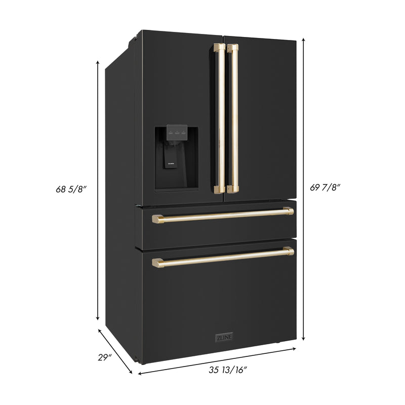 ZLINE 36 in. Autograph Edition 21.6 cu. ft Freestanding French Door Refrigerator with Water and Ice Dispenser in Fingerprint Resistant Black Stainless Steel with Polished Gold Accents (RFMZ-W-36-BS-G)