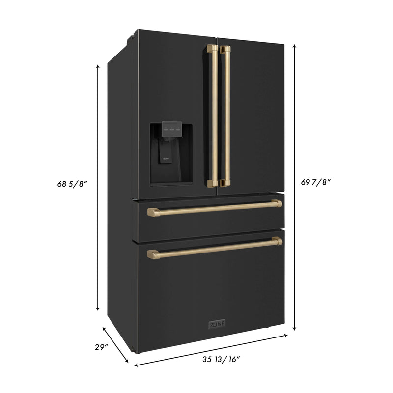 ZLINE 30 in. Autograph Edition Kitchen Package with Black Stainless Steel Dual Fuel Range, Range Hood, Dishwasher and Refrigeration Including External Water Dispenser with Champagne Bronze Accents (4AKPR-RABRHDWV30-CB)