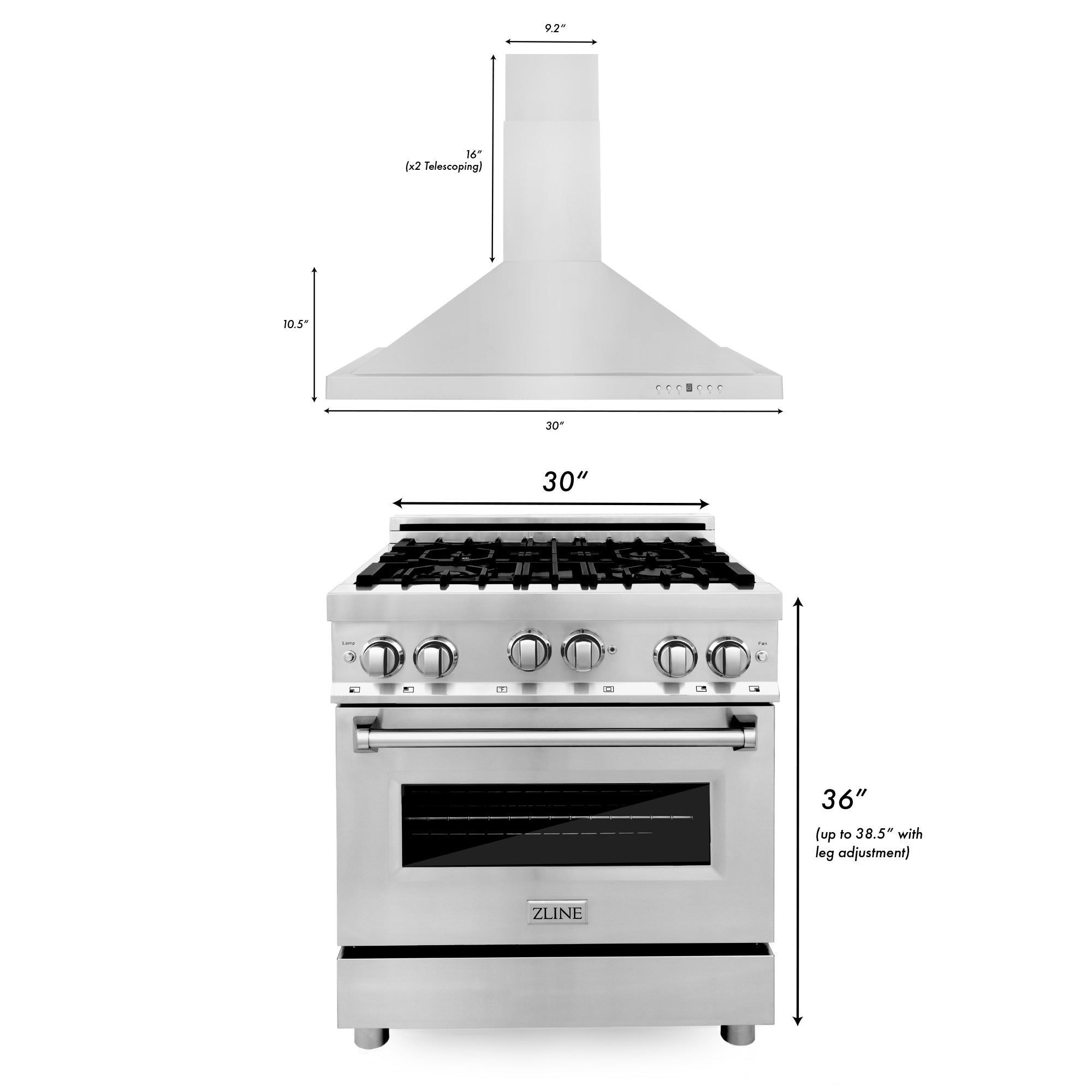 ZLINE 30 in. Kitchen Package with Stainless Steel Gas Range and Convertible Vent Range Hood (2KP-RGRH30)