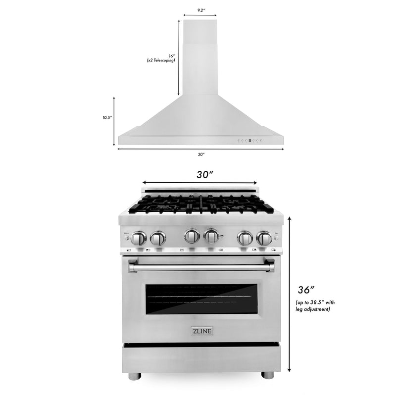 ZLINE 30 in. Kitchen Package with Stainless Steel Gas Range and Convertible Vent Range Hood (2KP-RGRH30)