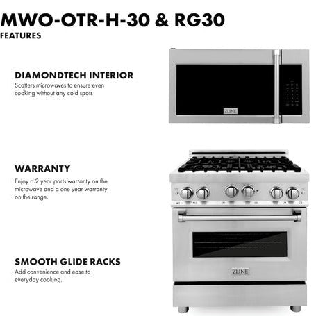 ZLINE 30" Kitchen Package Stainless Steel Gas Range and Over The Range Microwave with Traditional Handle (2KP-RGOTRH30)