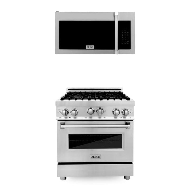 ZLINE Appliance Package - 30" Stainless Steel Gas Range and Over The Range Microwave with Traditional Handle