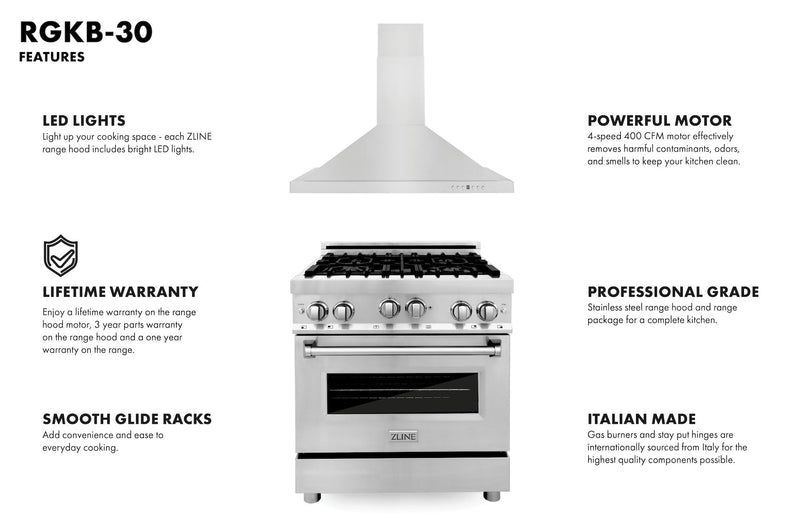 ZLINE 30 in. Kitchen Package with Stainless Steel Gas Range and Convertible Vent Range Hood (2KP-RGRH30)