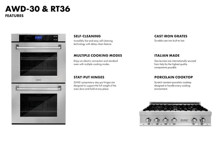 ZLINE Appliance Package - 36" Stainless Steel Rangetop and 30" Double Wall Oven