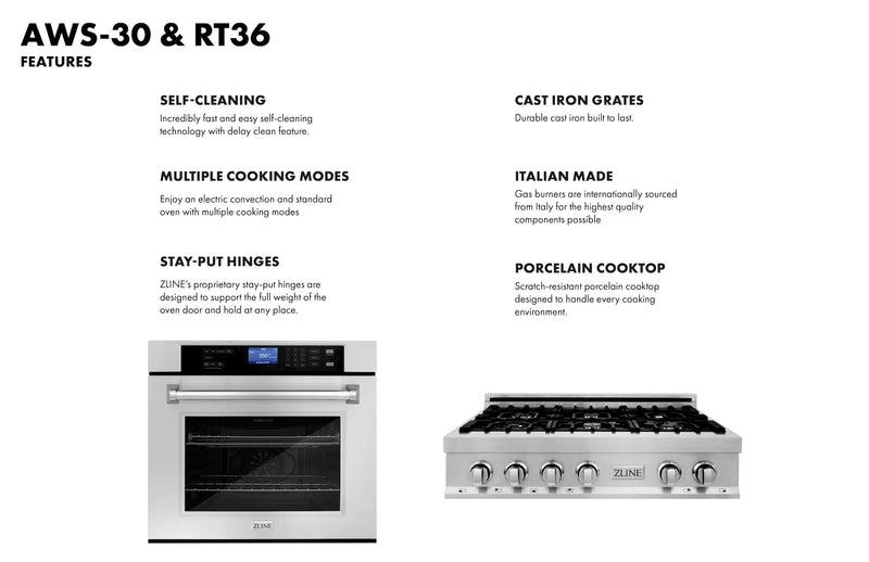 ZLINE Kitchen Package with 36 in. Stainless Steel Rangetop and 30 in. Single Wall Oven (2KP-RTAWS36)