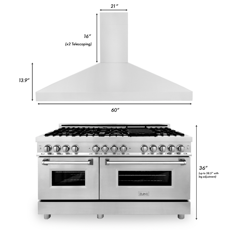 ZLINE 60 in. Kitchen Package with Stainless Steel Dual Fuel Range and Convertible Vent Range Hood (2KP-RARH60)