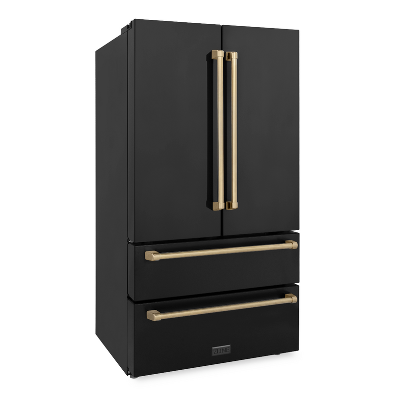 ZLINE 36 in. Autograph Edition 22.5 cu. ft Freestanding French Door Refrigerator with Ice Maker in Fingerprint Resistant Black Stainless Steel with Champagne Bronze Accents (RFMZ-36-BS-CB)