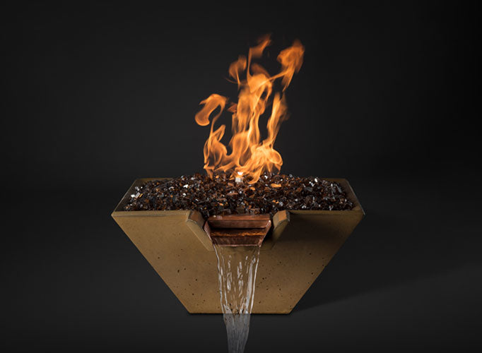 Slick Rock Concrete 34” Cascade Square Fire On Glass + Copper Spillway with Electronic Ignition