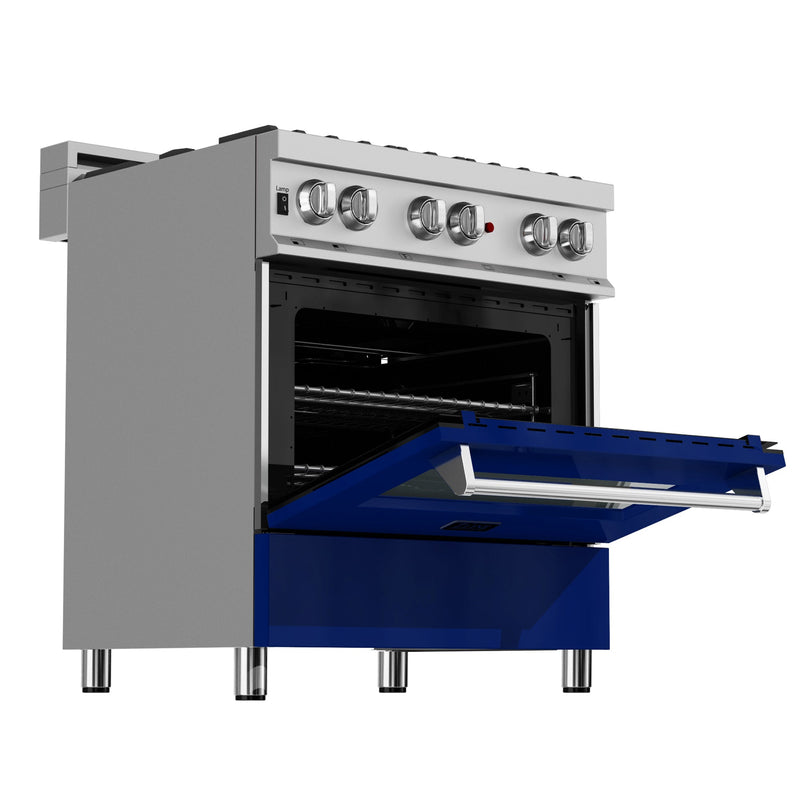 ZLINE 30 in. Kitchen Package with DuraSnow Stainless Steel Dual Fuel Range with Blue Gloss Door and Convertible Vent Range Hood