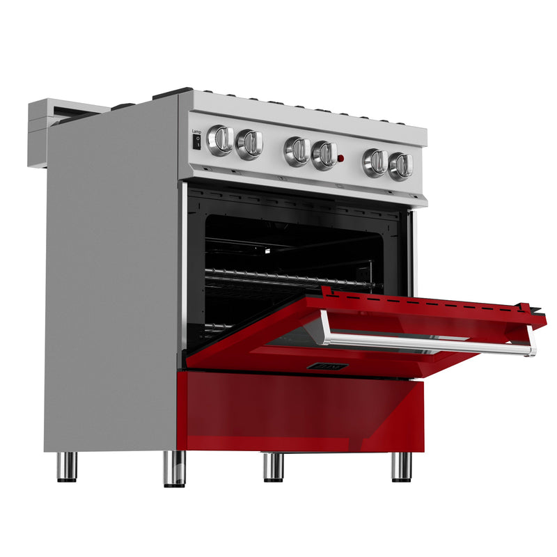 ZLINE 30 in. 4.0 cu. ft. Dual Fuel Range with Gas Stove and Electric Oven in All Fingerprint Resistant Stainless Steel with Red Gloss Door (RAS-RG-30)
