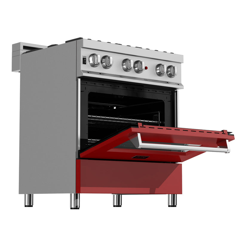 ZLINE 30 in. 4.0 cu. ft. Dual Fuel Range with Gas Stove and Electric Oven in All Fingerprint Resistant Stainless Steel with Red Matte Door (RAS-RM-30)