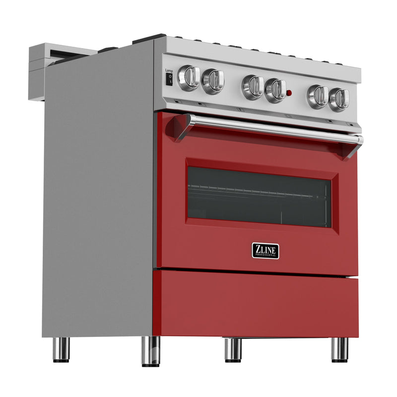 ZLINE 30 in. 4.0 cu. ft. Dual Fuel Range with Gas Stove and Electric Oven in All Fingerprint Resistant Stainless Steel with Red Matte Door (RAS-RM-30)