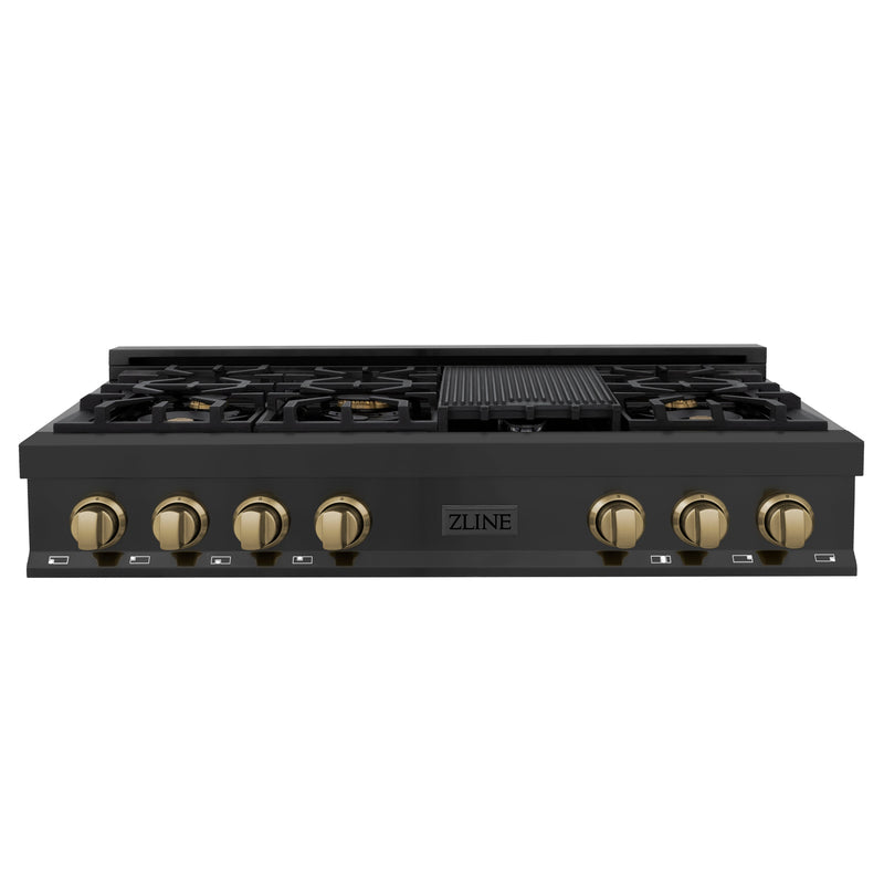ZLINE Autograph Edition 48 in. Porcelain Rangetop with 7 Gas Burners in Black Stainless Steel and Champagne Bronze Accents (RTBZ-48-CB)