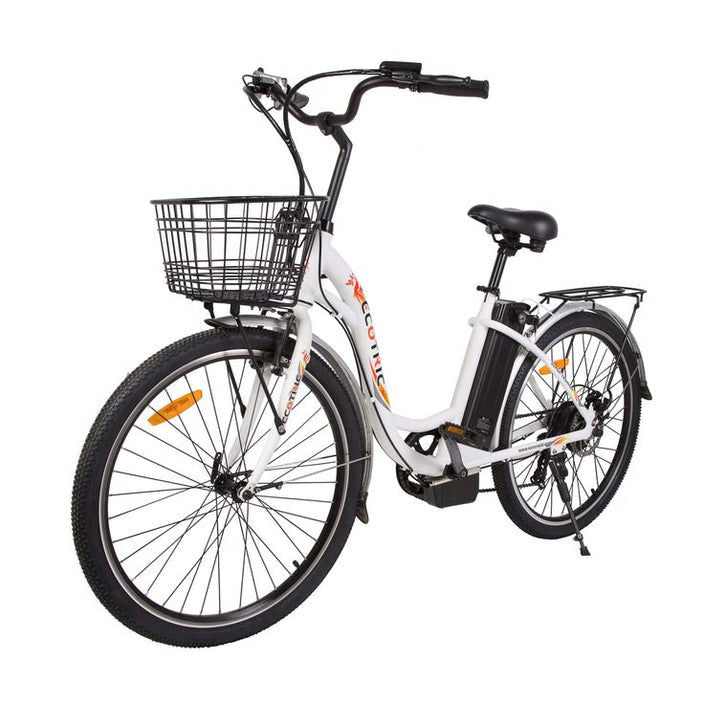 Ecotric 26inch White Peacedove Electric City Bike with Basket and Rear Rack