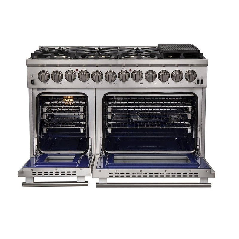 Forno 3-Piece Pro Appliance Package - 48-Inch Dual Fuel Range, Pro-Style Refrigerator, and Dishwasher in Stainless Steel