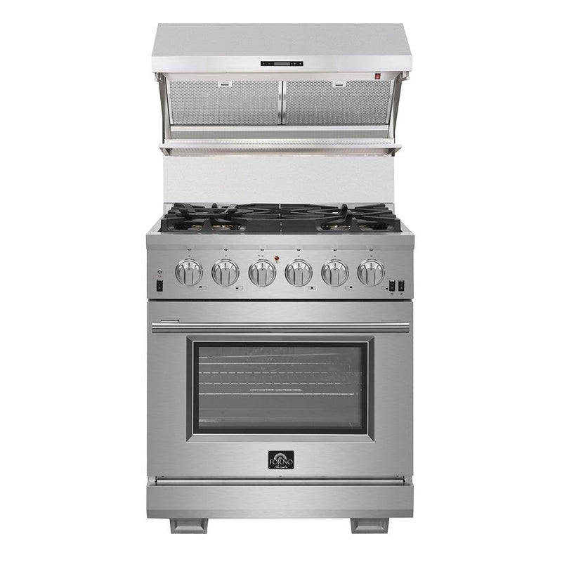 Forno 3-Piece Pro Appliance Package - 30-Inch Dual Fuel Range, Refrigerator with Water Dispenser,& Wall Mount Hood with Backsplash in Stainless Steel