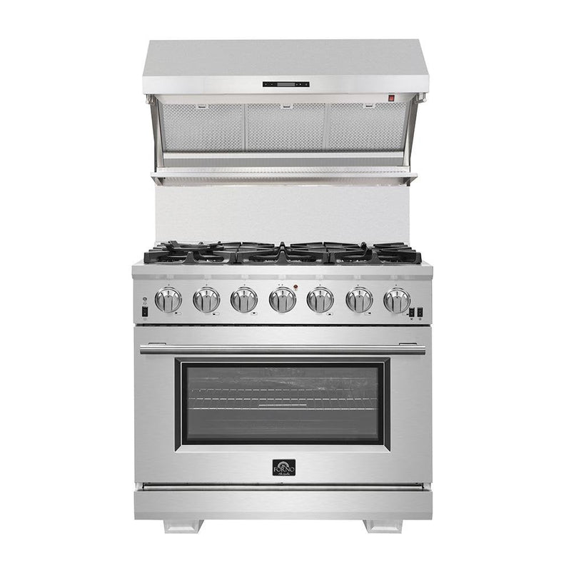 Forno 5-Piece Appliance Package - 36-Inch Electric Range, Wall Mount Range Hood with Backsplash, French Door Refrigerator, Dishwasher, and Microwave Oven in Stainless Steel