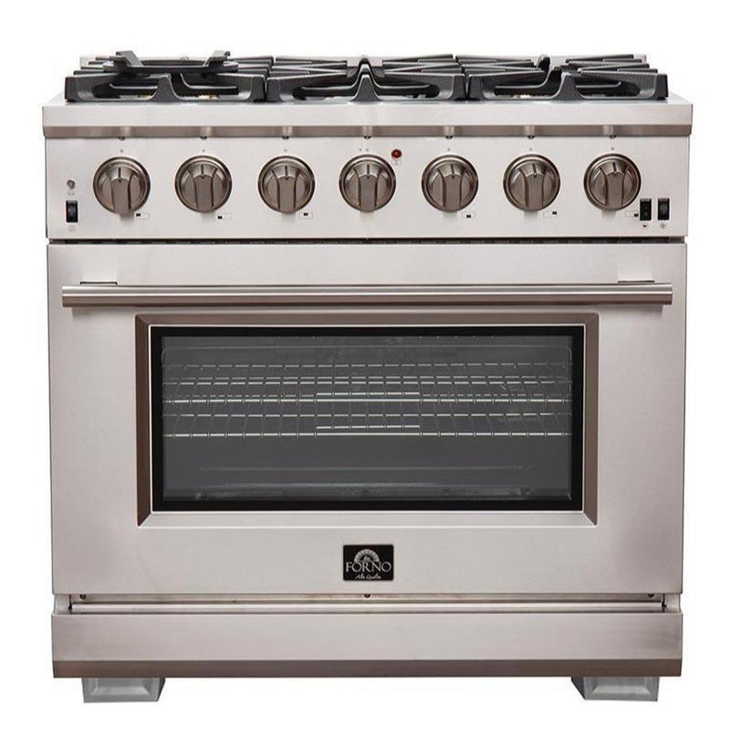 Forno 4-Piece Pro Appliance Package - 36-Inch Gas Range, Refrigerator with Water Dispenser, Microwave Oven, & 3-Rack Dishwasher in Stainless Steel