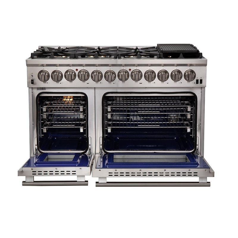 Forno 4-Piece Pro Appliance Package - 48-Inch Dual Fuel Range, Refrigerator with Water Dispenser, Microwave Oven, & 3-Rack Dishwasher in Stainless Steel