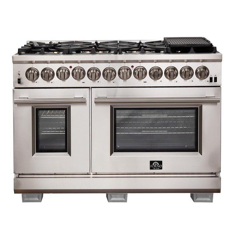 FORNO Fratta 48" Platinum Freestanding Dual Fuel Range with 240v Electric Oven - 8 Burners, Griddle, and 160,000 BTUs -FFSGS6187-48