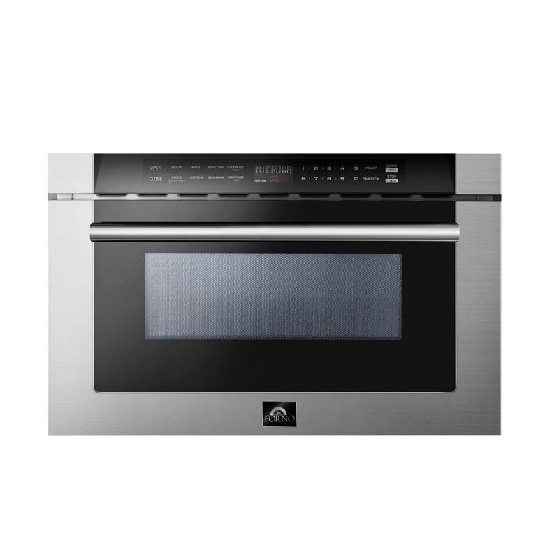 Forno 5-Piece Appliance Package - 30-Inch Gas Range, Refrigerator, Wall Mount Hood with Backsplash, Microwave Drawer, & 3-Rack Dishwasher in Stainless Steel