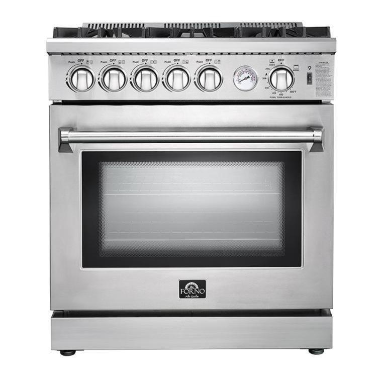 Forno 5-Piece Appliance Package - 30-Inch Gas Range, Refrigerator with Water Dispenser, Wall Mount Hood with Backsplash, Microwave Oven, & 3-Rack Dishwasher in Stainless Steel