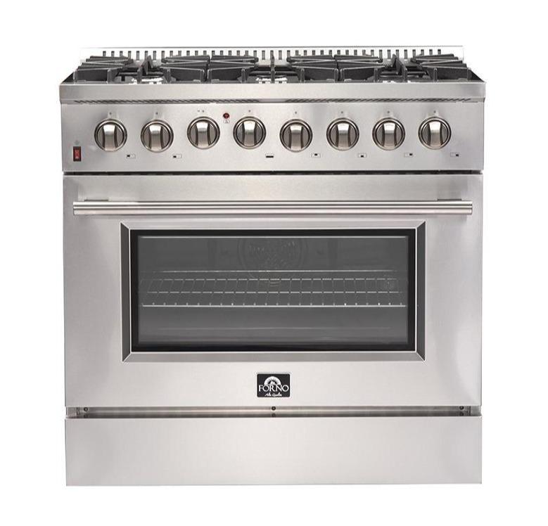 Forno 5-Piece Appliance Package - 36-Inch Dual Fuel Range, Refrigerator, Wall Mount Hood with Backsplash, Microwave Drawer, & 3-Rack Dishwasher in Stainless Steel