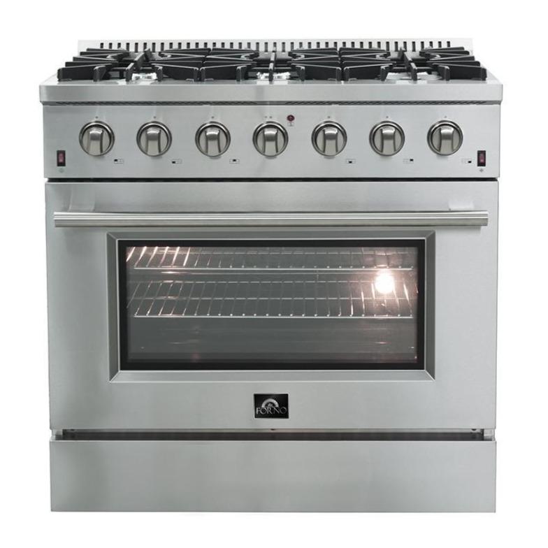 Forno 5-Piece Appliance Package - 36-Inch Gas Range, Refrigerator, Wall Mount Hood, Microwave Oven, & 3-Rack Dishwasher in Stainless Steel