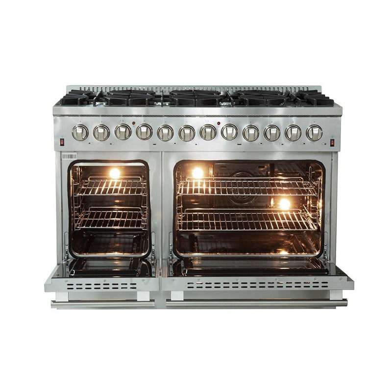 Forno 5-Piece Appliance Package - 48-Inch Dual Fuel Range, Refrigerator, Wall Mount Hood with Backsplash, Microwave Drawer, & 3-Rack Dishwasher in Stainless Steel