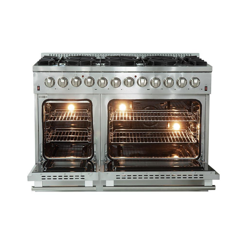 Forno 3-Piece Appliance Package - 48-Inch Dual Fuel Range, Refrigerator, & Wall Mount Hood with Backsplash in Stainless Steel