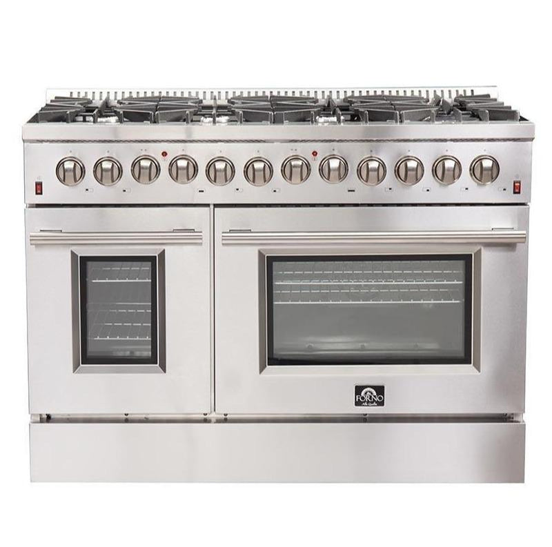 Forno 5-Piece Appliance Package - 48-Inch Dual Fuel Range, Refrigerator, Wall Mount Hood, Microwave Oven, & 3-Rack Dishwasher in Stainless Steel