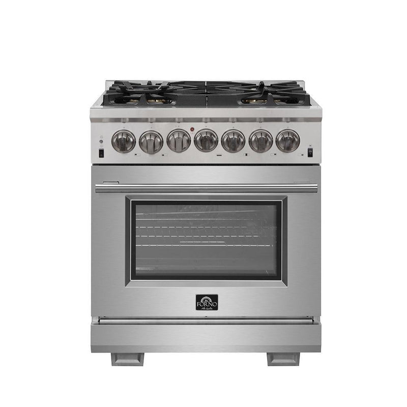 Forno 2-Piece Pro Appliance Package - 30-Inch Dual Fuel Range & Wall Mount Hood in Stainless Steel