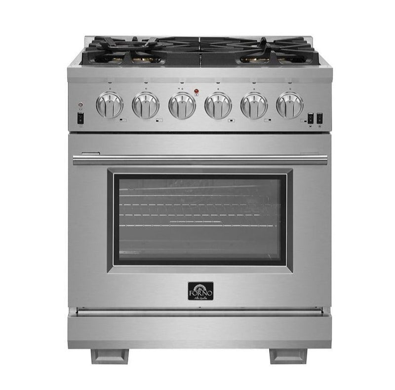 Forno 4-Piece Pro Appliance Package - 30-Inch Gas Range, Refrigerator with Water Dispenser, Wall Mount Hood, & 3-Rack Dishwasher in Stainless Steel