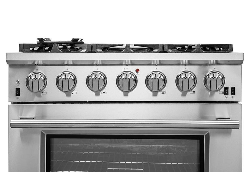 Forno 3-Piece Pro Appliance Package - 36-Inch Gas Range, Refrigerator, & Wall Mount Hood with Backsplash in Stainless Steel