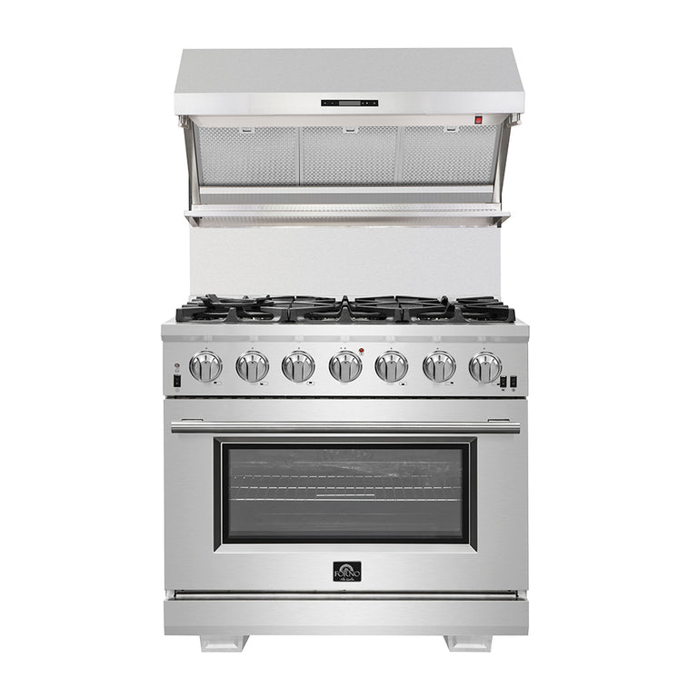 Forno Appliance Package - 36 Inch Gas Range, Range Hood, Refrigerator, Microwave Drawer, Dishwasher, Cook Top, FCTIN-FFSGS6244-36