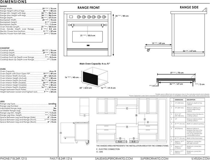 ILVE - Majestic II Series - 30 Inch Electric Freestanding Single Oven Range (UMI30NE3) Dimension Chart